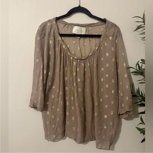 Brochu Walker Sz L Polka Dot SILK Taupe and Gold Blouse